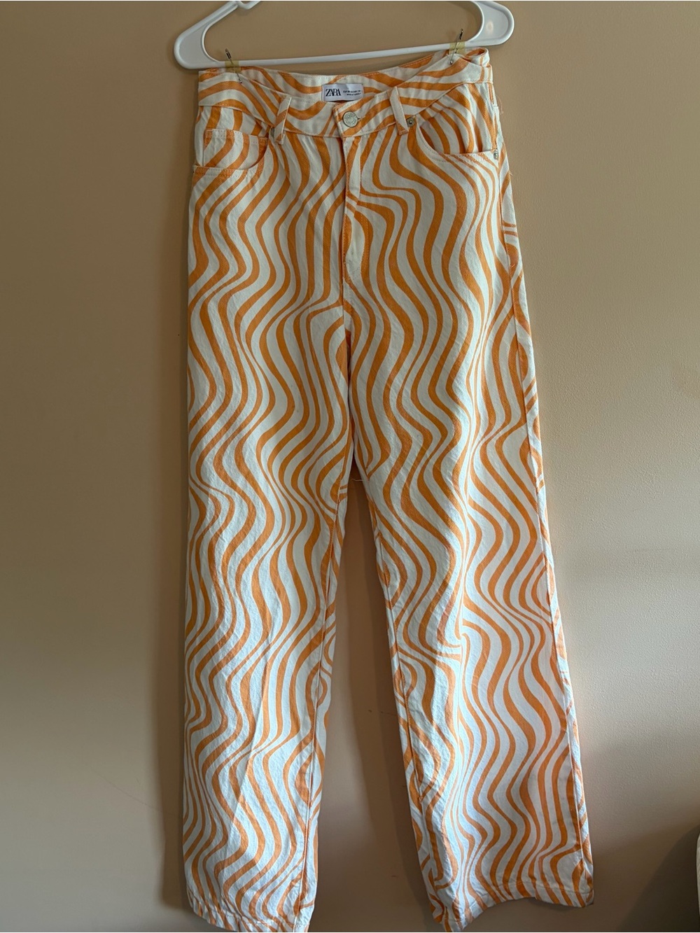 Zara Cream and Orange Wave-Print Jeans
